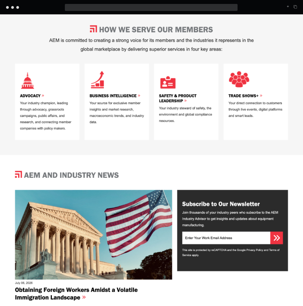 Screenshot of AEM.org homepage content