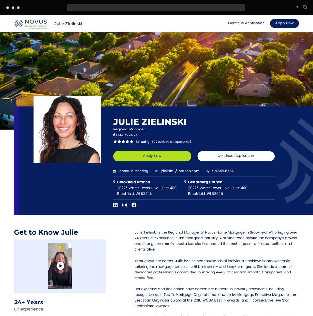 Novus Mortgage loan officer profile page