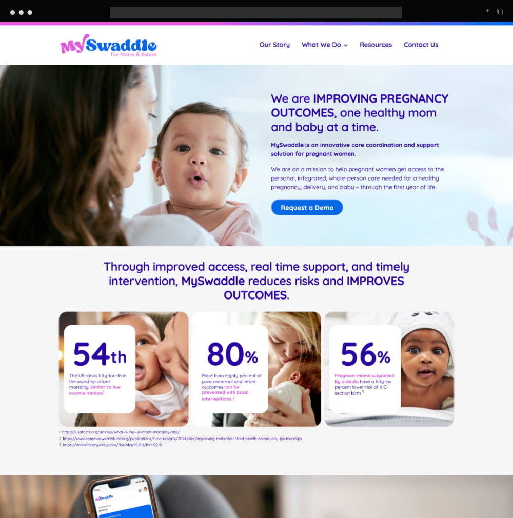 Homepage design of mySwaddle.com