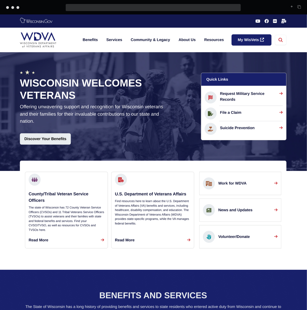 Wisconsin Department of Veteran's Affairs landing page