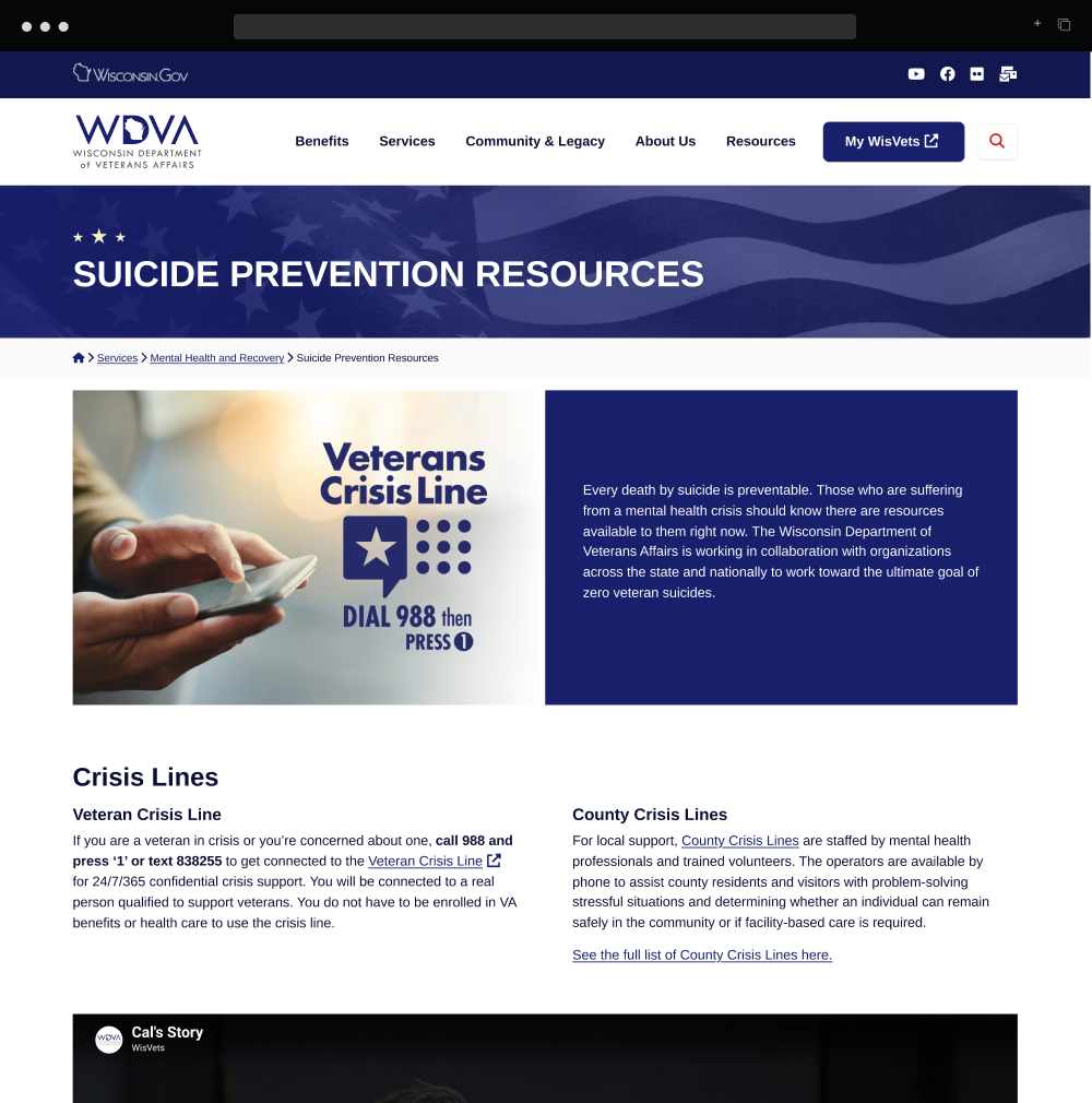Wisconsin Department of Veteran's Affairs suicide prevention resources 