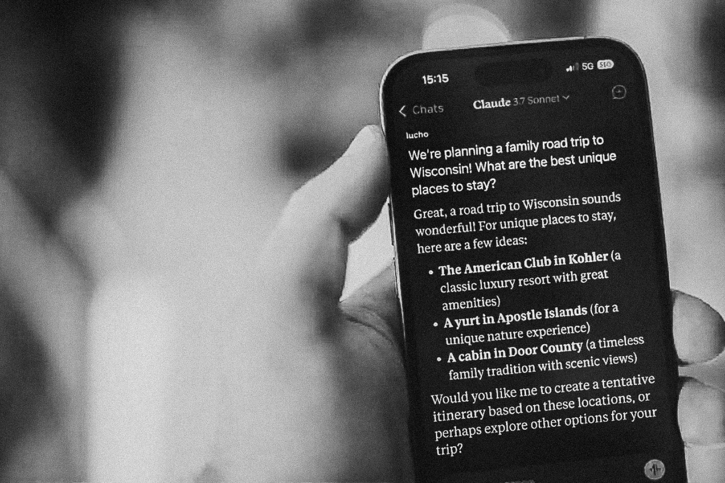 LLM conversation about Wisconsin roadtrips on mobile device 