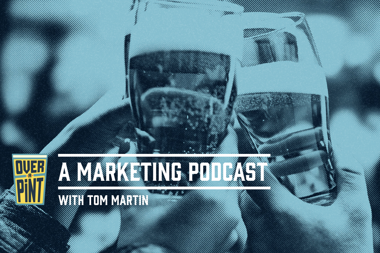 Stylized people raising their pints of beer to cheers with podcast logo and text 