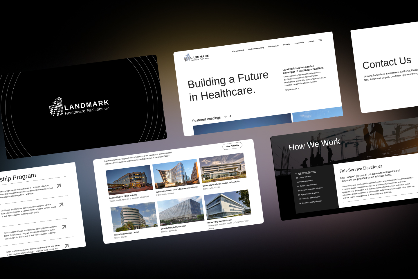 Film strip style arrangement of pages from Landmark Healthcare Facilities website 